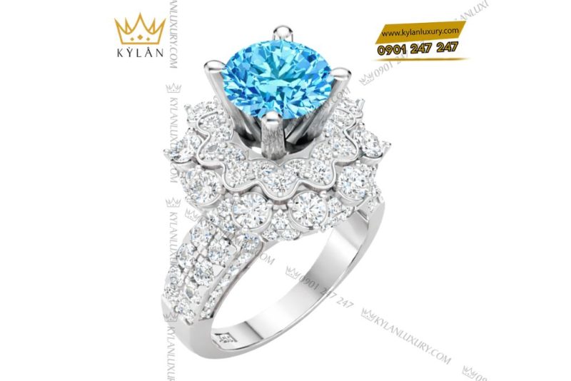 Nhẫn nữ vàng trắng Au750 đính kim cương và đá Topaz