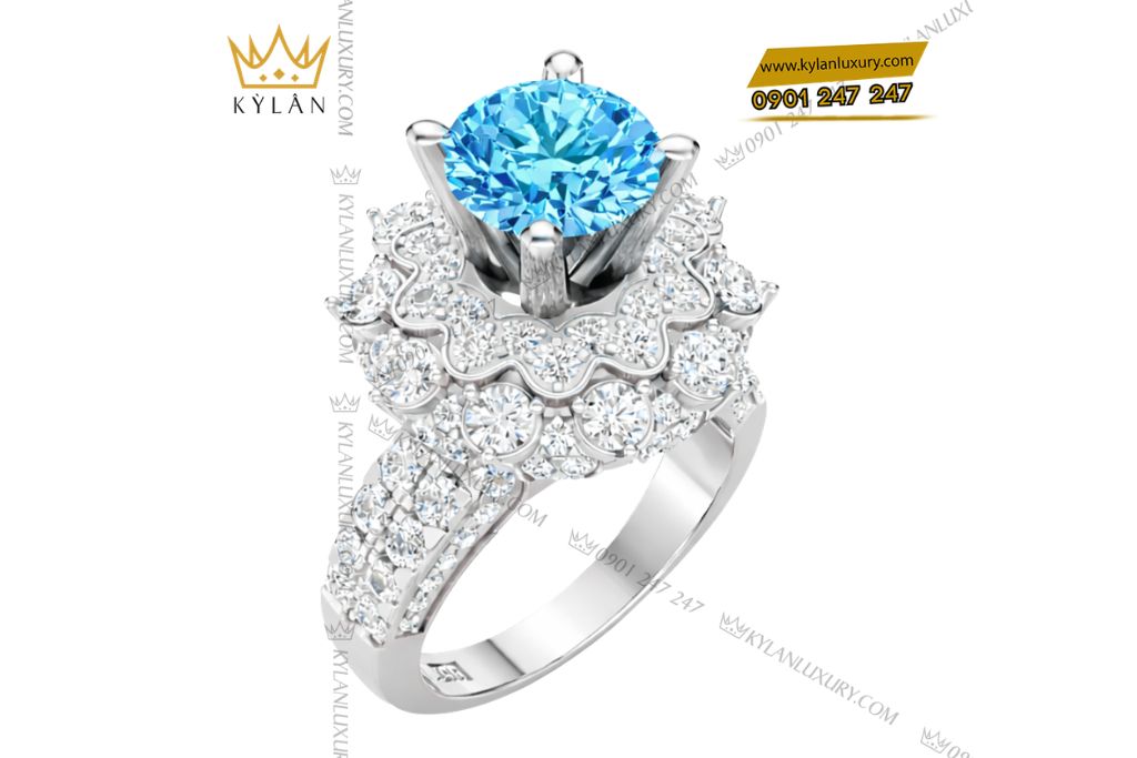 Nhẫn nữ vàng trắng Au750 đính kim cương và đá Topaz