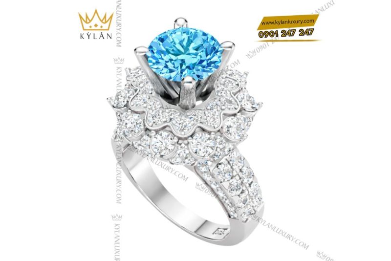 Nhẫn nữ vàng trắng Au750 đính kim cương và đá Topaz