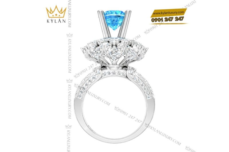 Nhẫn nữ vàng trắng Au750 đính kim cương và đá Topaz