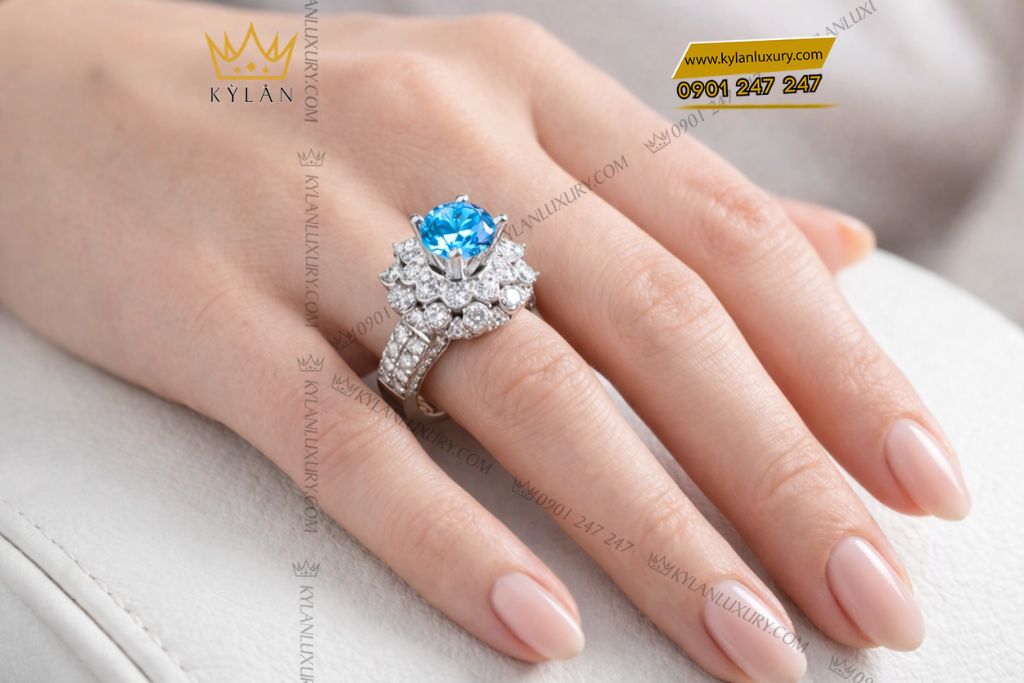 Kỳ Lân Luxury Nhan nu vang trang Au750 dinh kim cuong va da Topaz 8 Nhẫn nữ vàng trắng Au750 đính kim cương và đá Topaz