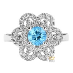 Nhẫn nữ vàng trắng Au750 đính kim cương và đá Topaz xanh