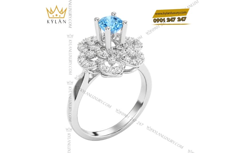 Nhẫn nữ vàng trắng Au750 đính kim cương và đá Topaz xanh