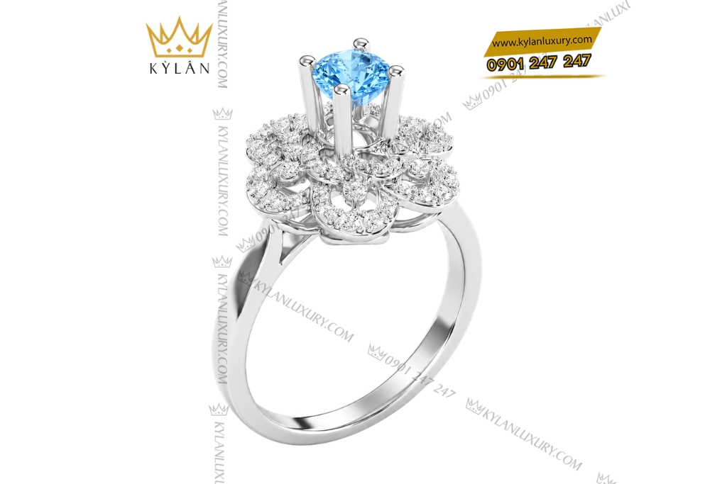 Kỳ Lân Luxury Nhan nu vang trang Au750 dinh kim cuong va da Topaz xanh 3 Nhẫn nữ vàng trắng Au750 đính kim cương và đá Topaz xanh