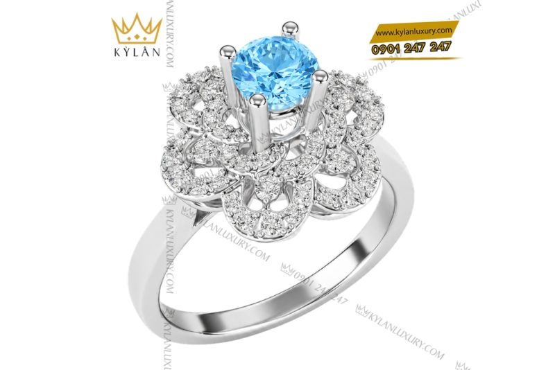 Nhẫn nữ vàng trắng Au750 đính kim cương và đá Topaz xanh