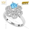 Nhẫn nữ vàng trắng Au750 đính kim cương và đá Topaz xanh
