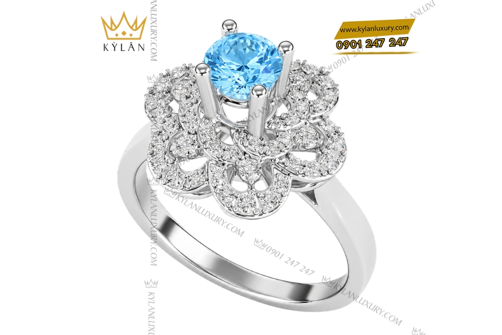 Kỳ Lân Luxury Nhan nu vang trang Au750 dinh kim cuong va da Topaz xanh 6 Nhẫn nữ vàng trắng Au750 đính kim cương và đá Topaz xanh