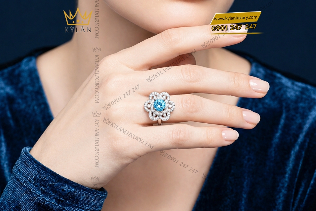 Nhẫn nữ vàng trắng Au750 đính kim cương và đá Topaz xanh