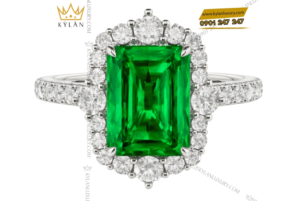 Nhẫn nữ vàng trắng Au750 đính kim cương và đá ngọc lục bảo