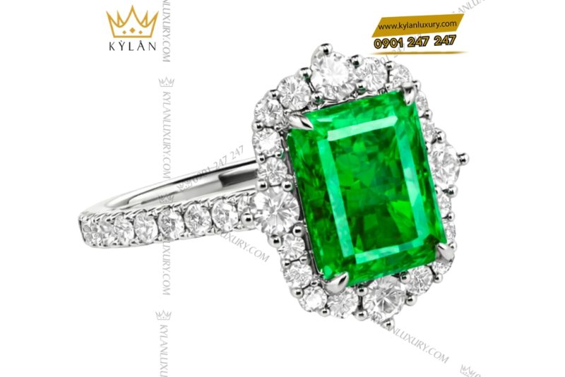 Nhẫn nữ vàng trắng Au750 đính kim cương và đá ngọc lục bảo