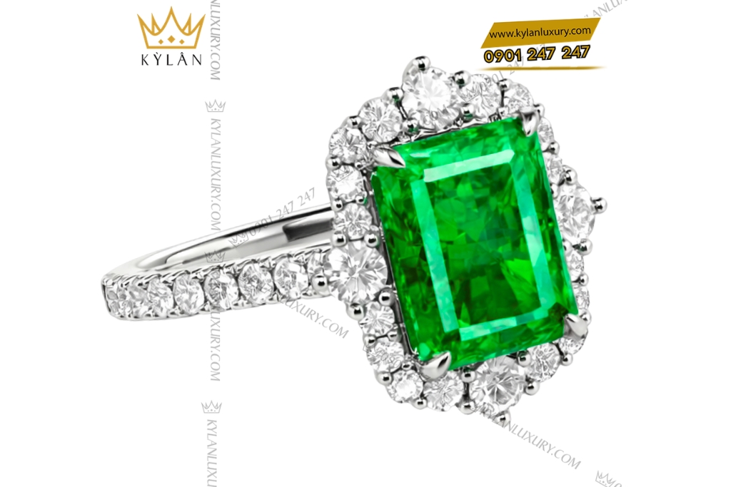 Nhẫn nữ vàng trắng Au750 đính kim cương và đá ngọc lục bảo