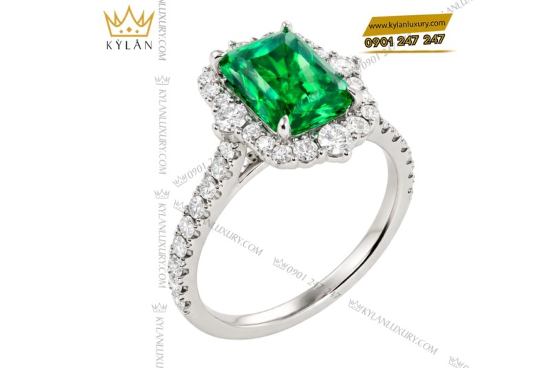 Nhẫn nữ vàng trắng Au750 đính kim cương và đá ngọc lục bảo