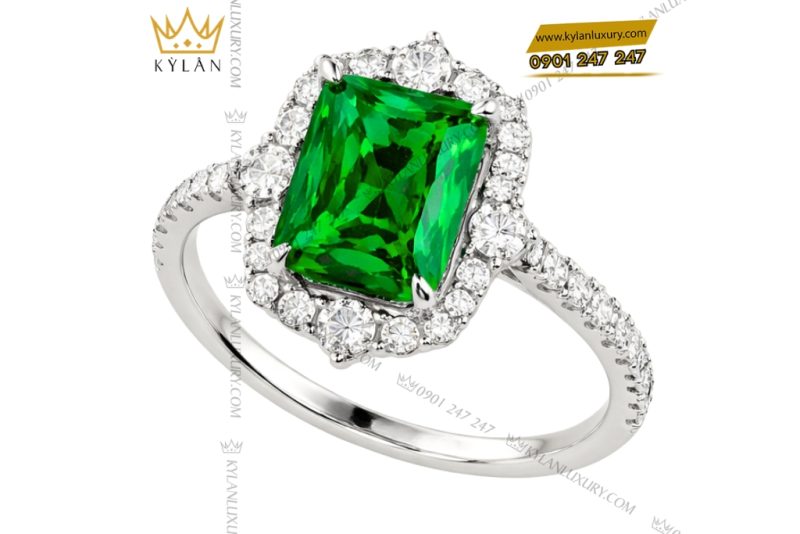 Nhẫn nữ vàng trắng Au750 đính kim cương và đá ngọc lục bảo