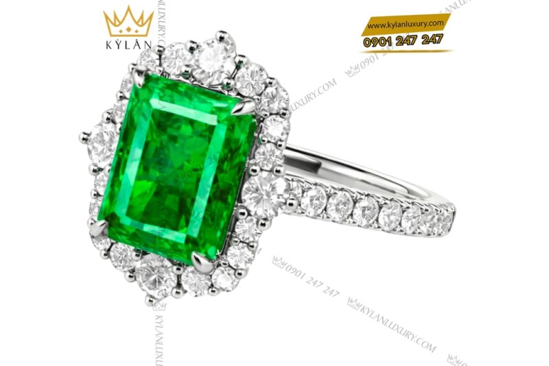 Nhẫn nữ vàng trắng Au750 đính kim cương và đá ngọc lục bảo