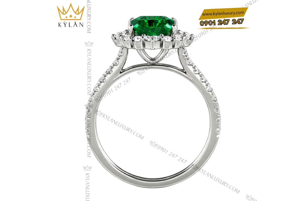 Nhẫn nữ vàng trắng Au750 đính kim cương và đá ngọc lục bảo