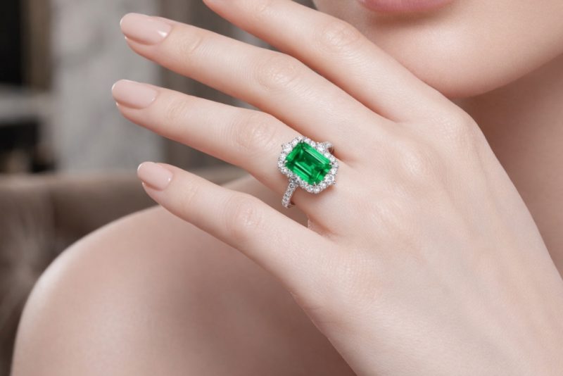 Nhẫn nữ vàng trắng Au750 đính kim cương và đá ngọc lục bảo