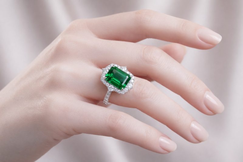 Nhẫn nữ vàng trắng Au750 đính kim cương và đá ngọc lục bảo