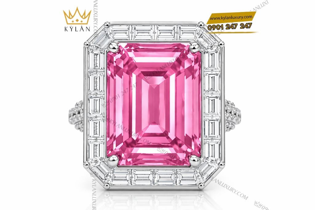Nhẫn nữ vàng trắng Au750 đính kim cương và đá sapphire hồng