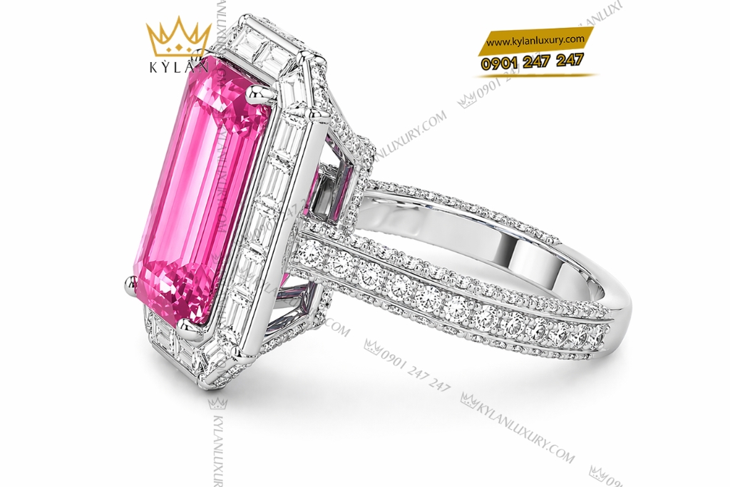 Nhẫn nữ vàng trắng Au750 đính kim cương và đá sapphire hồng