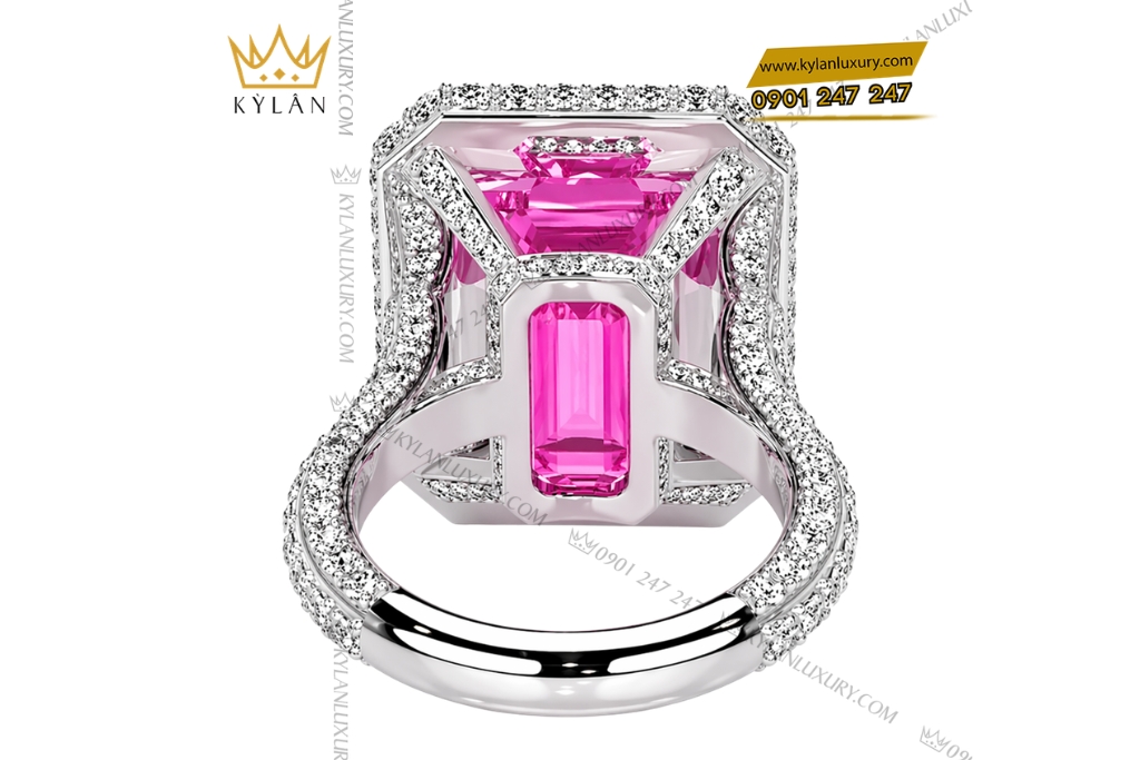 Kỳ Lân Luxury Nhan nu vang trang Au750 dinh kim cuong va da sapphire hong 4 Nhẫn nữ vàng trắng Au750 đính kim cương và đá sapphire hồng