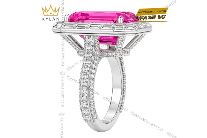 Nhẫn nữ vàng trắng Au750 đính kim cương và đá sapphire hồng