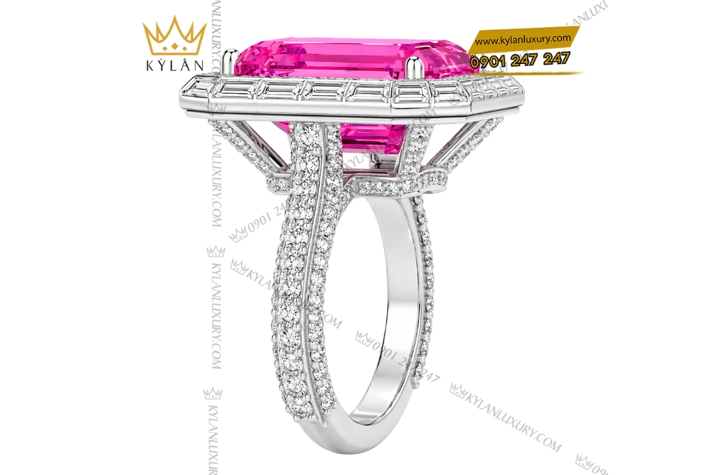 Nhẫn nữ vàng trắng Au750 đính kim cương và đá sapphire hồng