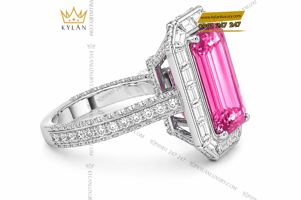 Nhẫn nữ vàng trắng Au750 đính kim cương và đá sapphire hồng
