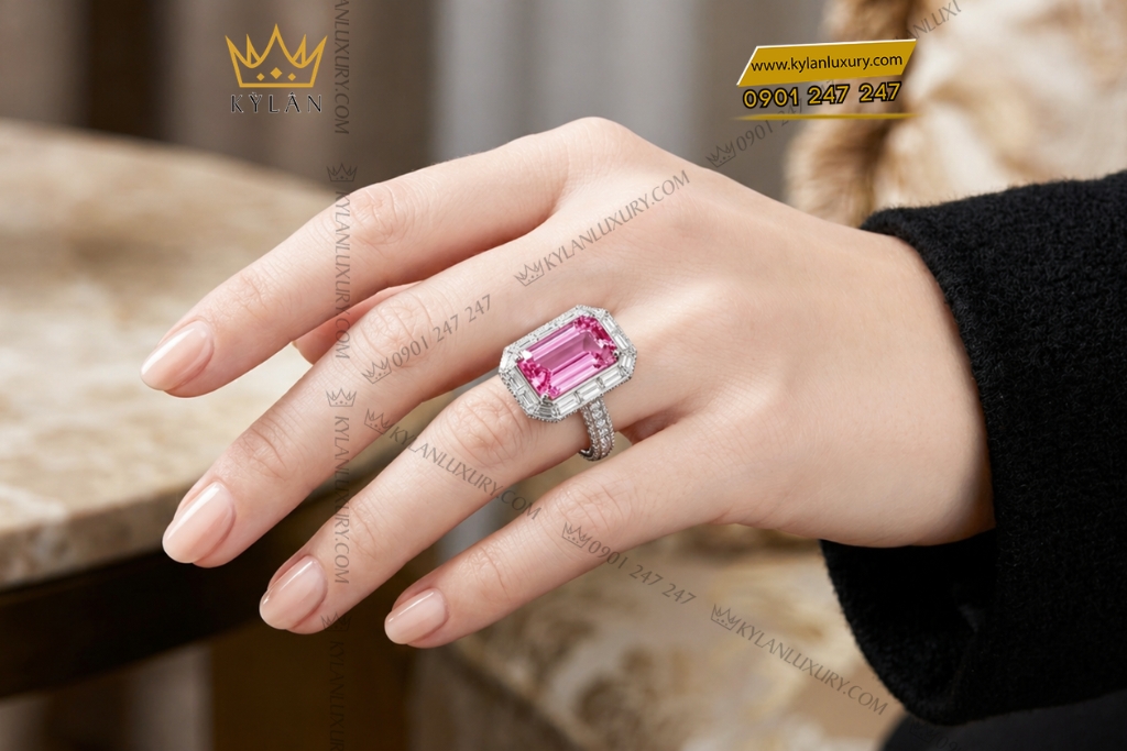Nhẫn nữ vàng trắng Au750 đính kim cương và đá sapphire hồng