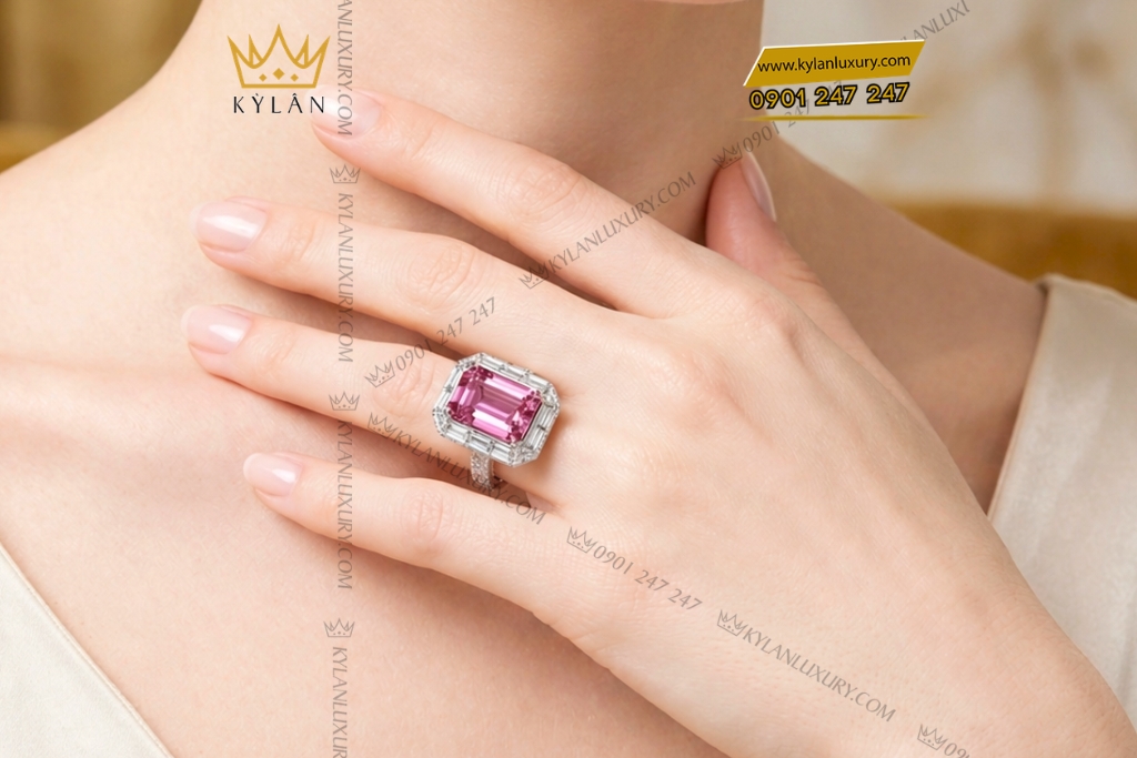 Kỳ Lân Luxury Nhan nu vang trang Au750 dinh kim cuong va da sapphire hong 9 Nhẫn nữ vàng trắng Au750 đính kim cương và đá sapphire hồng
