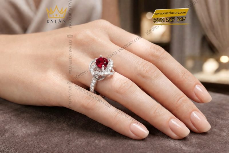 Nhẫn nữ vàng trắng Au750 đính kim cương và sapphire đỏ