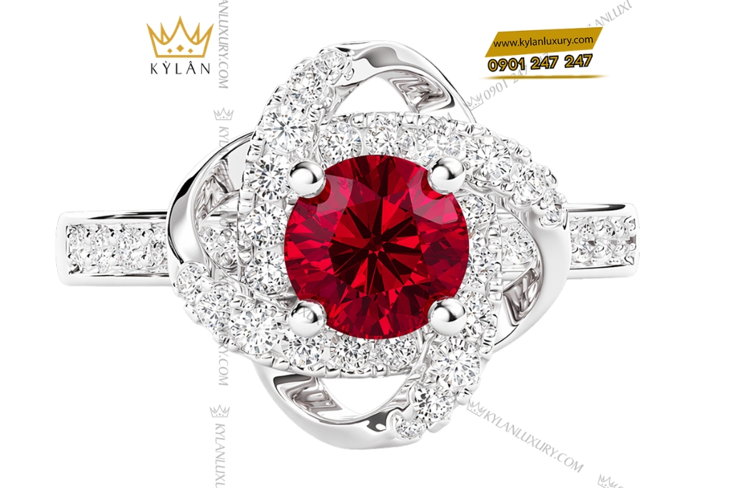 Nhẫn nữ vàng trắng Au750 đính kim cương và sapphire đỏ