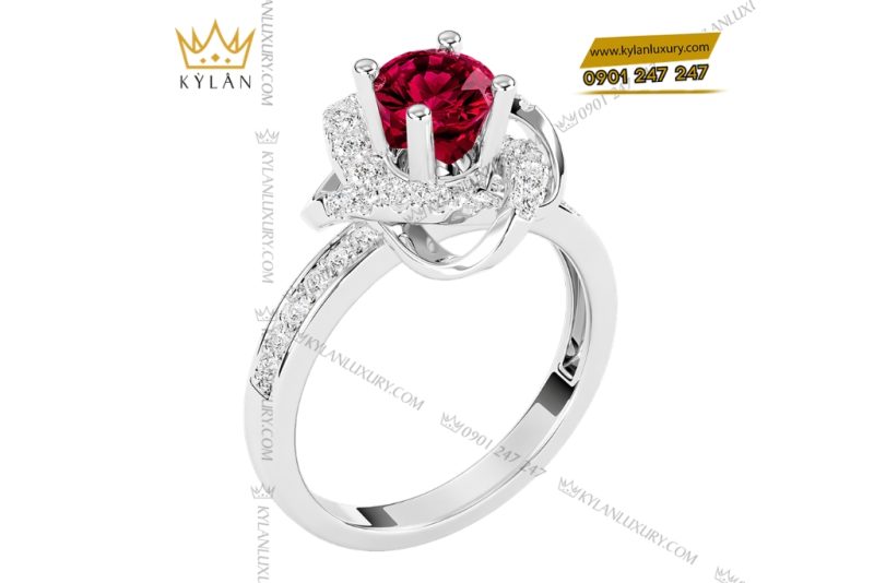 Nhẫn nữ vàng trắng Au750 đính kim cương và sapphire đỏ