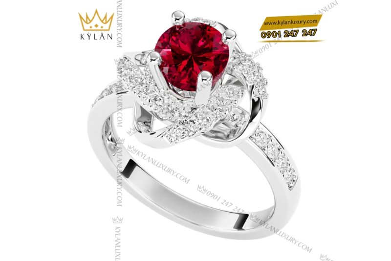 Nhẫn nữ vàng trắng Au750 đính kim cương và sapphire đỏ