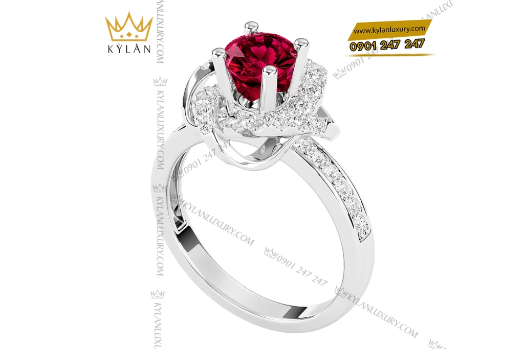 Kỳ Lân Luxury Nhan nu vang trang Au750 dinh kim cuong va sapphire do 5 Nhẫn nữ vàng trắng Au750 đính kim cương và sapphire đỏ