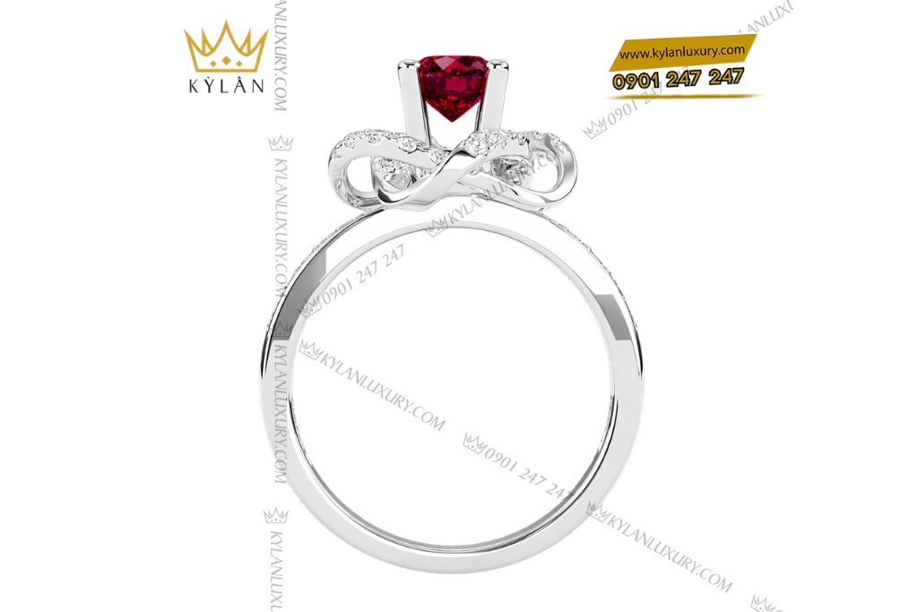 Nhẫn nữ vàng trắng Au750 đính kim cương và sapphire đỏ