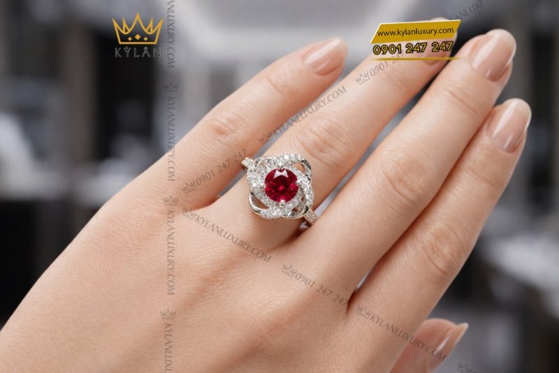 Nhẫn nữ vàng trắng Au750 đính kim cương và sapphire đỏ