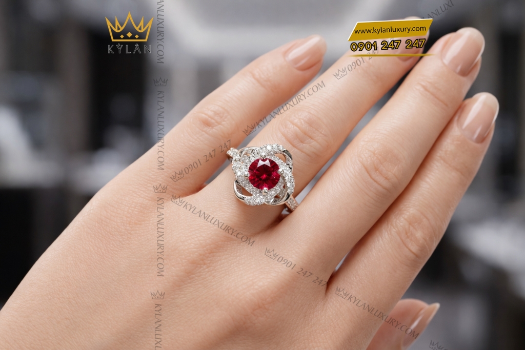 Nhẫn nữ vàng trắng Au750 đính kim cương và sapphire đỏ