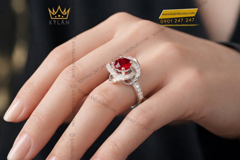 Nhẫn nữ vàng trắng Au750 đính kim cương và sapphire đỏ