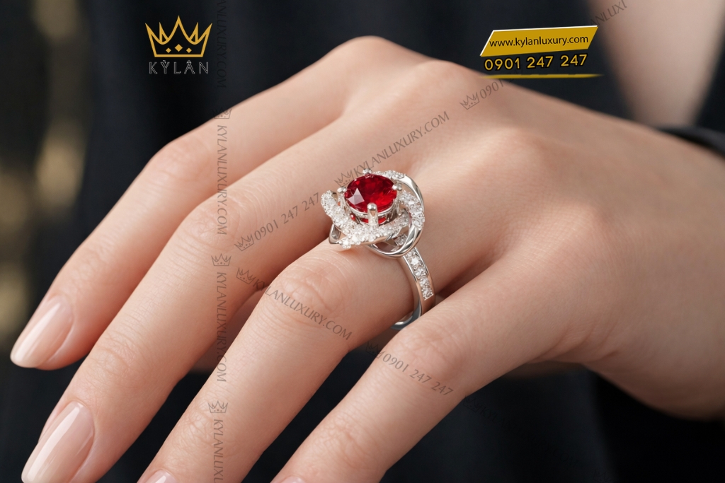 Nhẫn nữ vàng trắng Au750 đính kim cương và sapphire đỏ