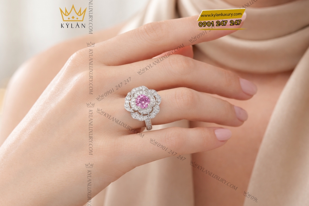 Nhẫn nữ vàng trắng Au750 đính kim cương và sapphire tím