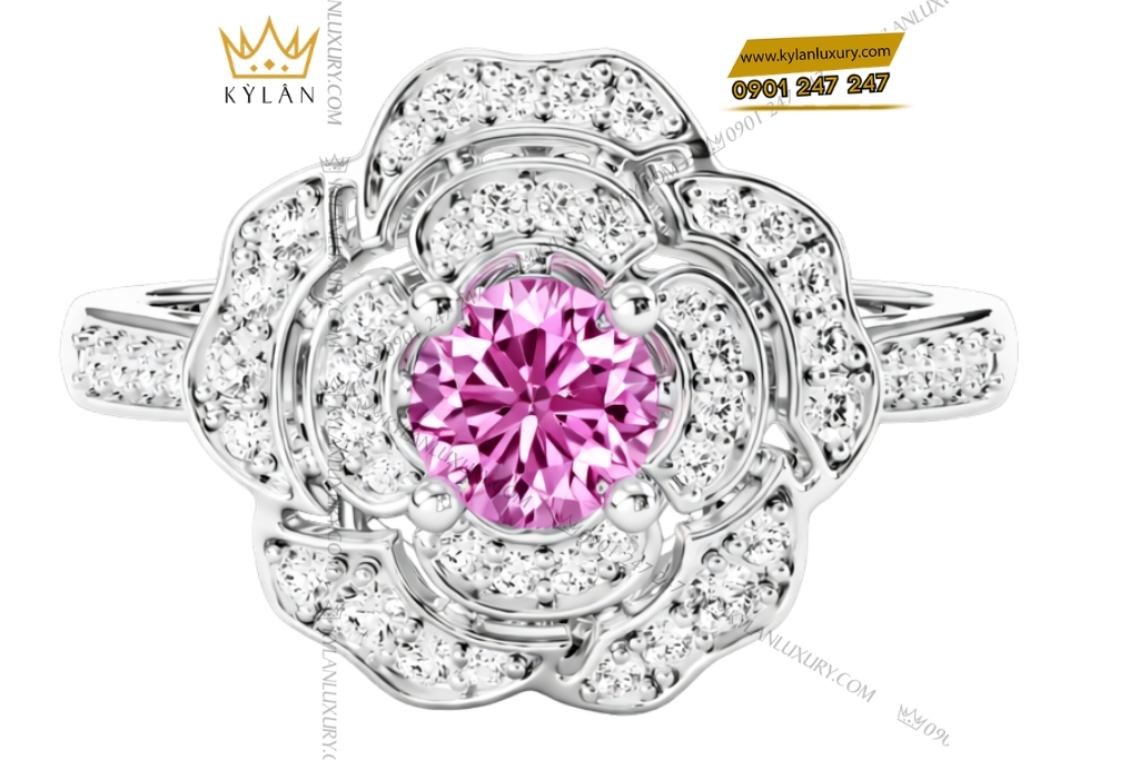 Nhẫn nữ vàng trắng Au750 đính kim cương và sapphire tím