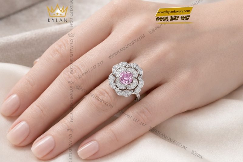 Nhẫn nữ vàng trắng Au750 đính kim cương và sapphire tím
