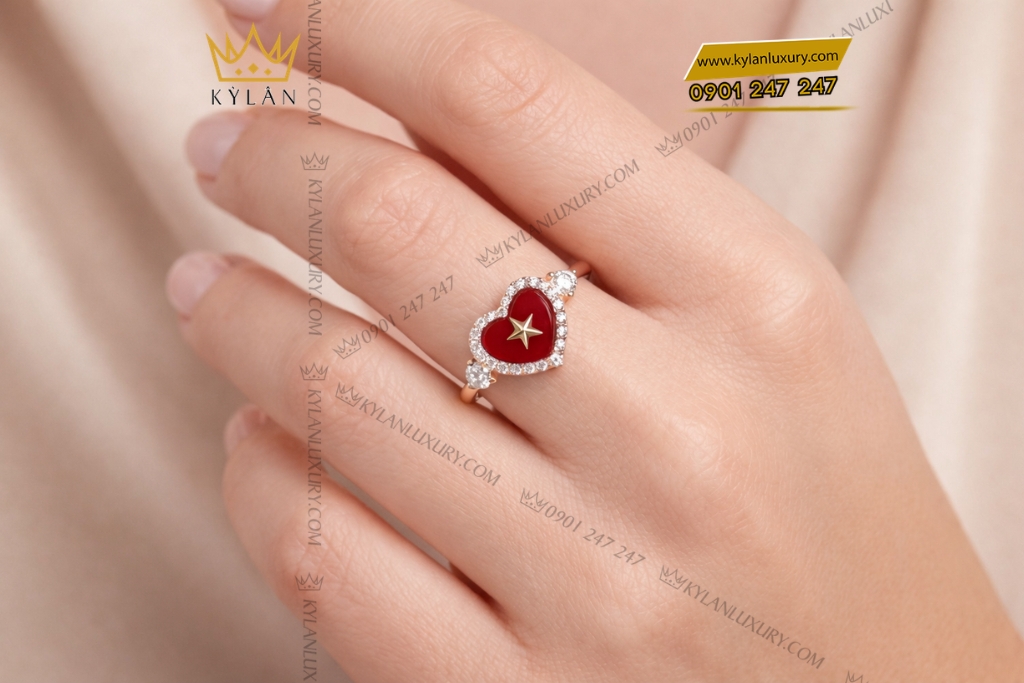 Kỳ Lân Luxury Nhan trai tim dinh ngoi sao vang hong Au750 va kim cuong 10 Nhẫn trái tim đính ngôi sao vàng hồng Au750 và kim cương