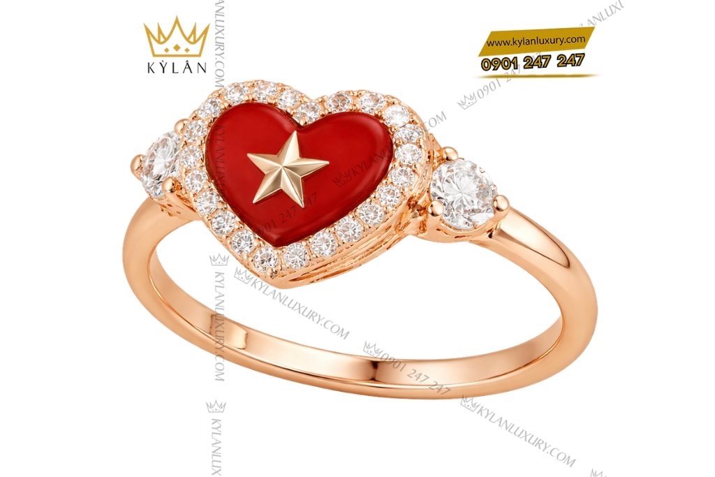 Kỳ Lân Luxury Nhan trai tim dinh ngoi sao vang hong Au750 va kim cuong 4 Nhẫn trái tim đính ngôi sao vàng hồng Au750 và kim cương