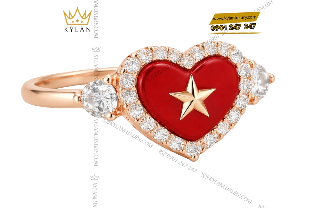 Kỳ Lân Luxury Nhan trai tim dinh ngoi sao vang hong Au750 va kim cuong 5 Nhẫn trái tim đính ngôi sao vàng hồng Au750 và kim cương