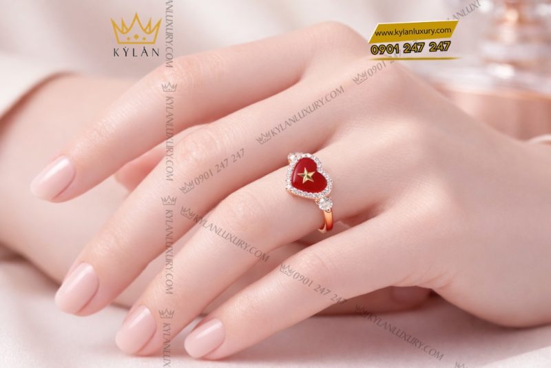 Nhẫn trái tim đính ngôi sao vàng hồng Au750 và kim cương