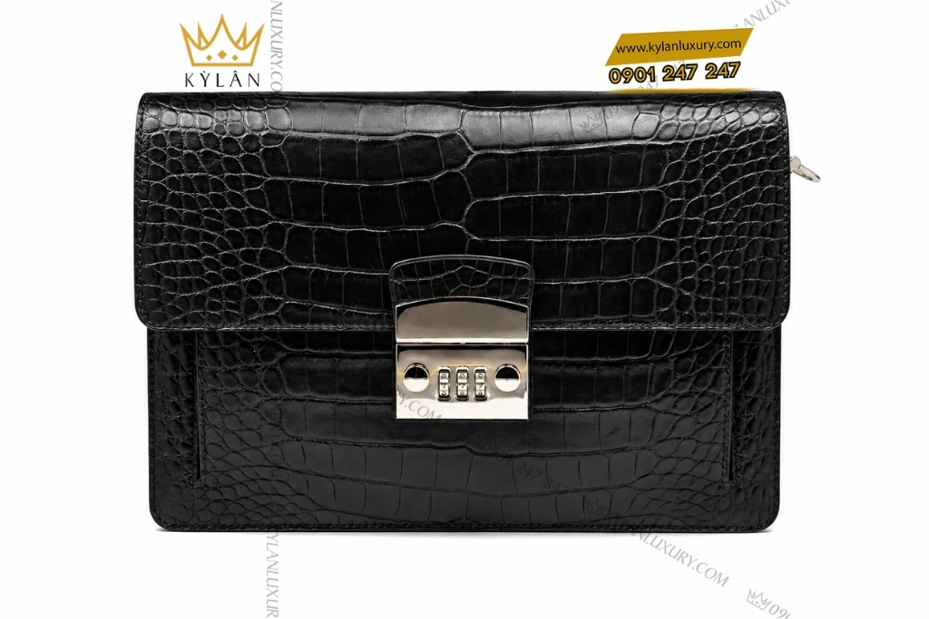 Kỳ Lân Luxury Tui Clutch da ca Alligator mau den 1 Túi Clutch da cá Alligator màu đen