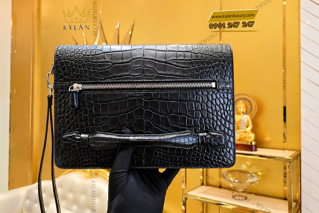 Kỳ Lân Luxury Tui Clutch da ca Alligator mau den 7 Túi Clutch da cá Alligator màu đen