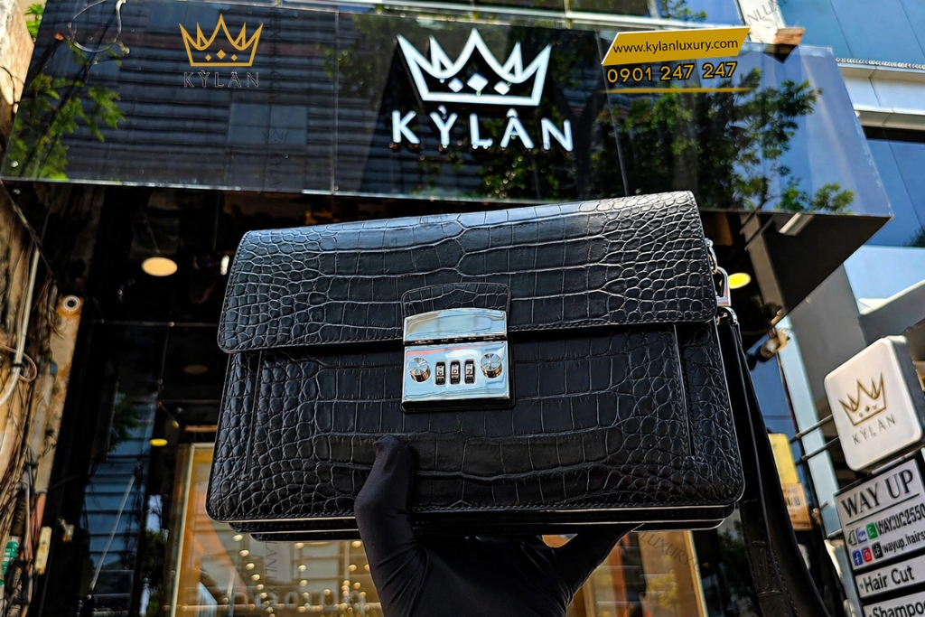 Kỳ Lân Luxury Tui Clutch da ca Alligator mau den 8 Túi Clutch da cá Alligator màu đen