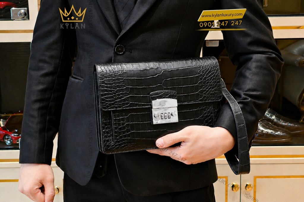 Túi Clutch da cá Alligator màu đen